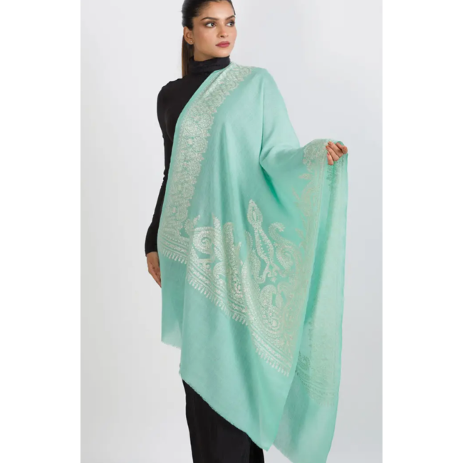 Geeta Aqua & Ivory Wool Shawl