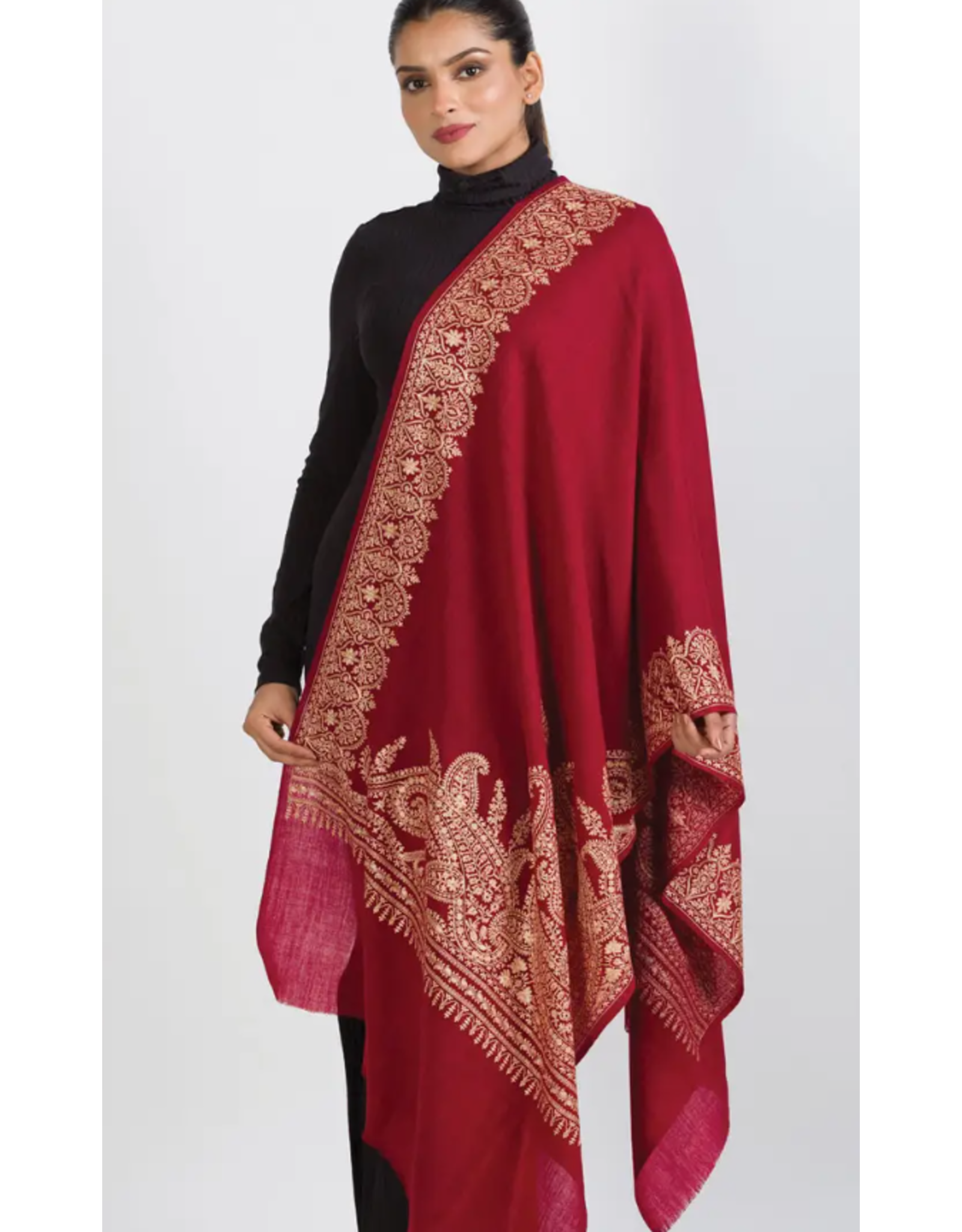 India Geeta Burgundy & Gold Wool Shawl, India