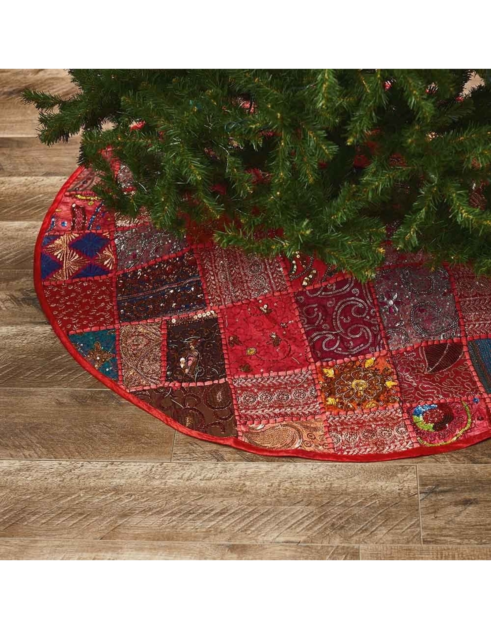 Beaded Lotus Red Velvet Christmas Tree Skirt