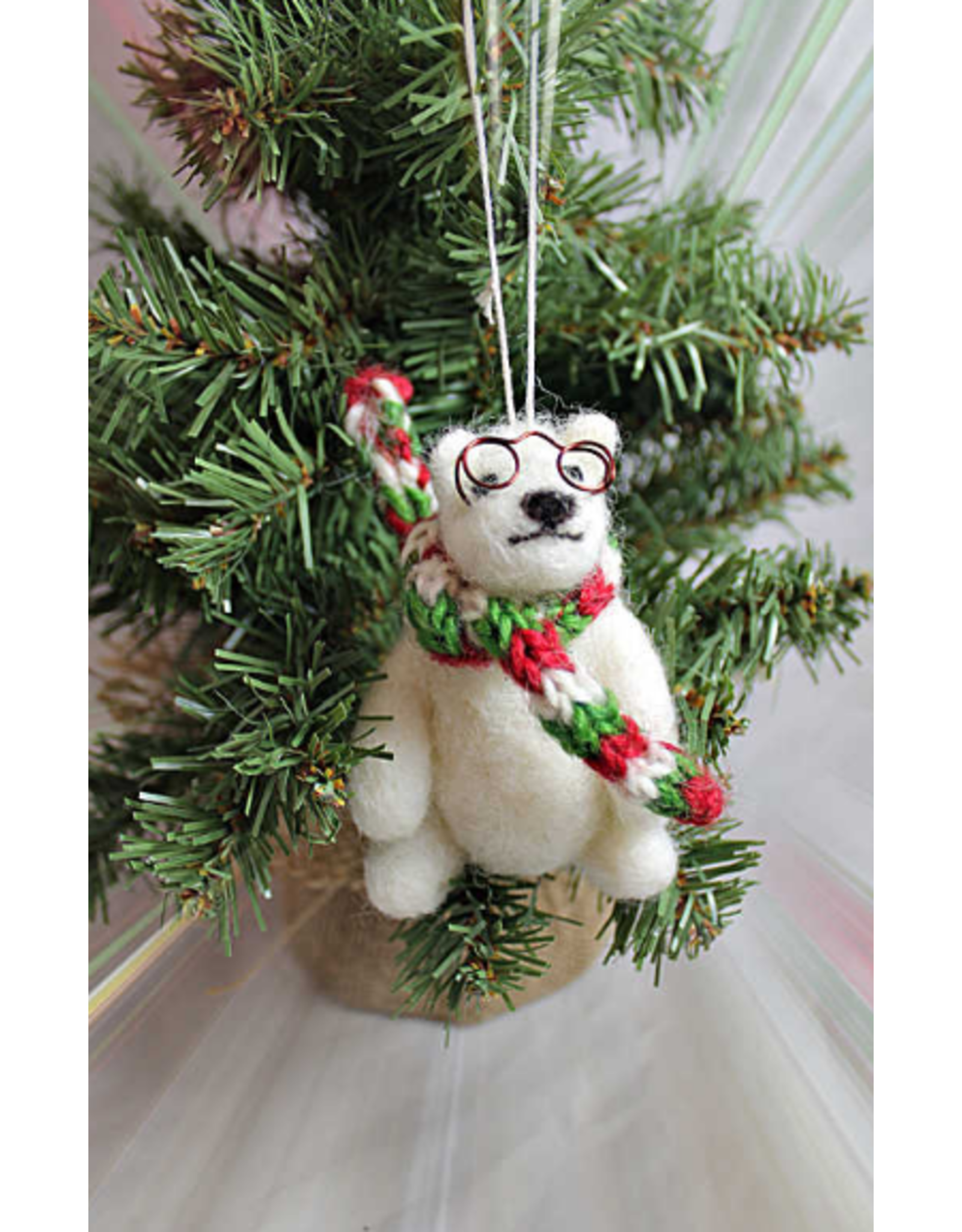 Nepal Felt Polar Bear w/ Glasses Ornament, Nepal