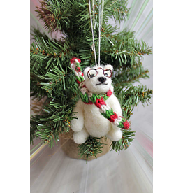 Nepal Felt Polar Bear w/ Glasses Ornament, Nepal