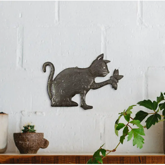 Haiti CLEARANCE Cut Metal Steel Drum Wall Art - Playful Kitty & Butterfly