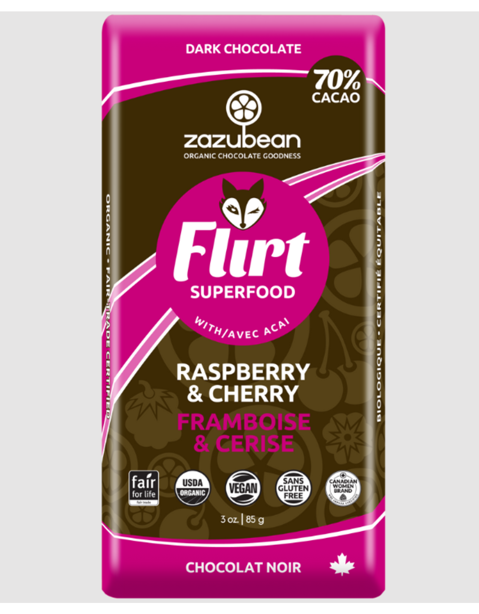 Zazubean Flirt - 70% Dark Chocolate Raspberry & Cherry w/ Açai Bar 85g