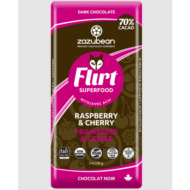 Zazubean Flirt - 70% Dark Chocolate Raspberry & Cherry w/ Açai Bar 85g