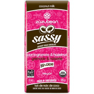 Zazubean Sassy - 55% Dark Chocolate Pomegranate & Hazelnut Bar 85g