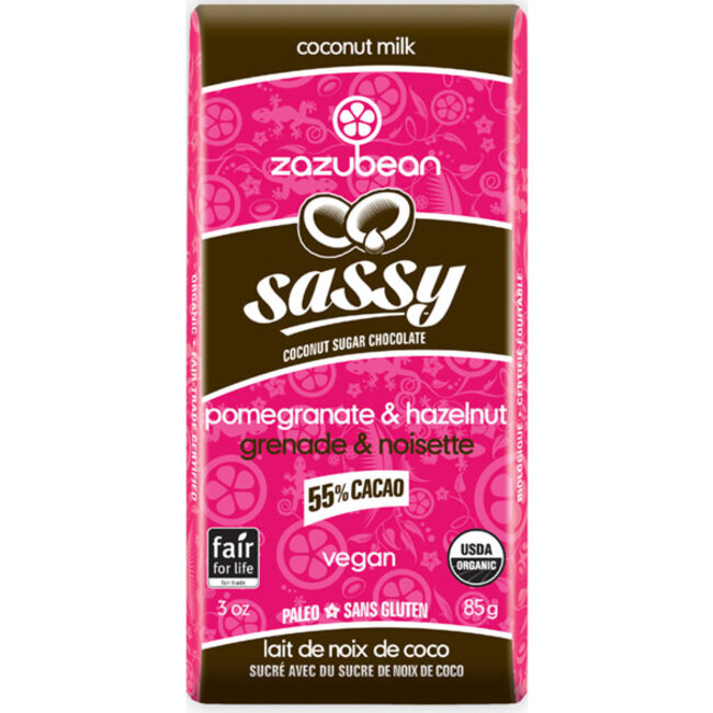Zazubean Sassy - 55% Dark Chocolate Pomegranate & Hazelnut Bar 85g