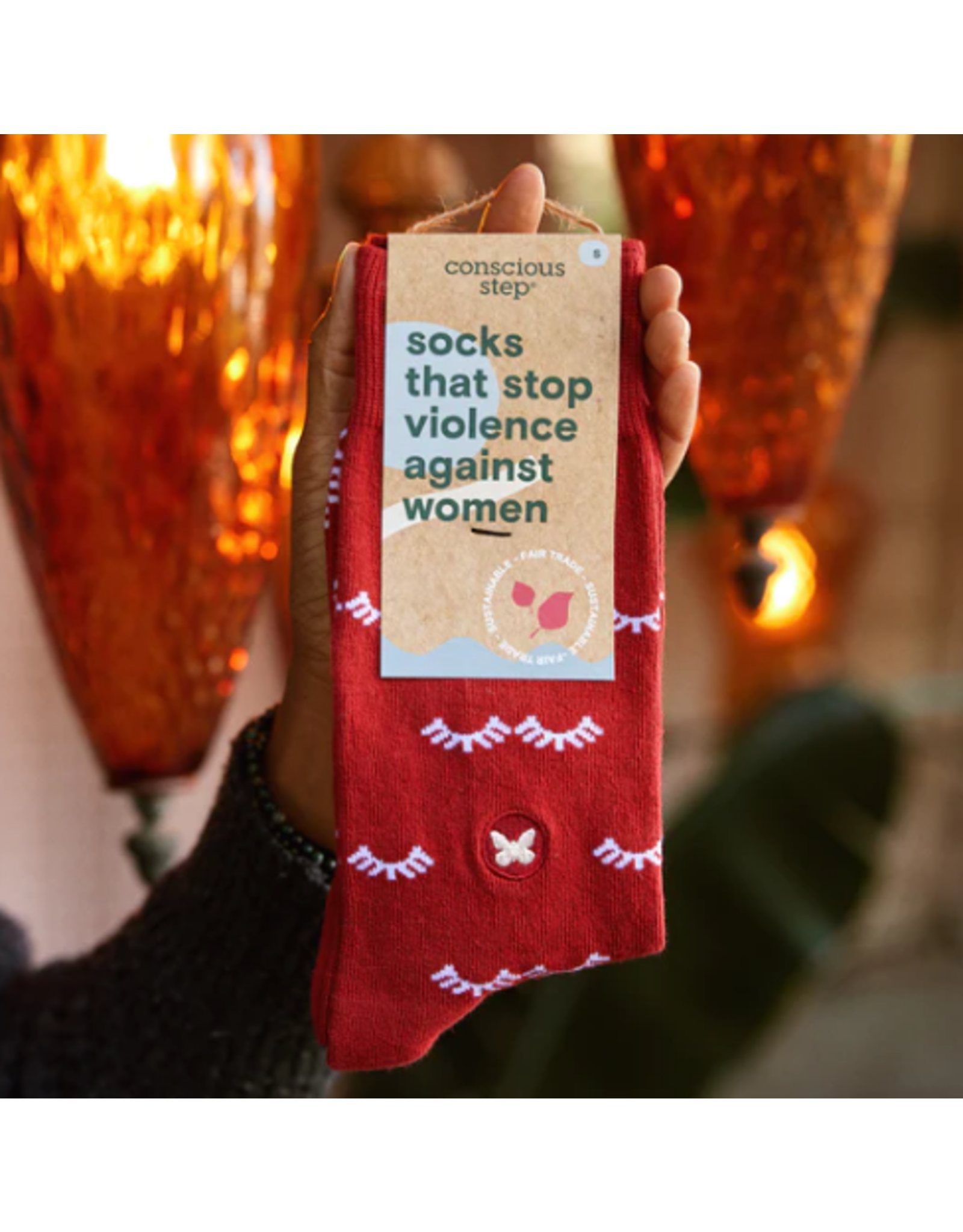 India Crew Socks That Stop Violence Against Women - Red w/ Eyelashes