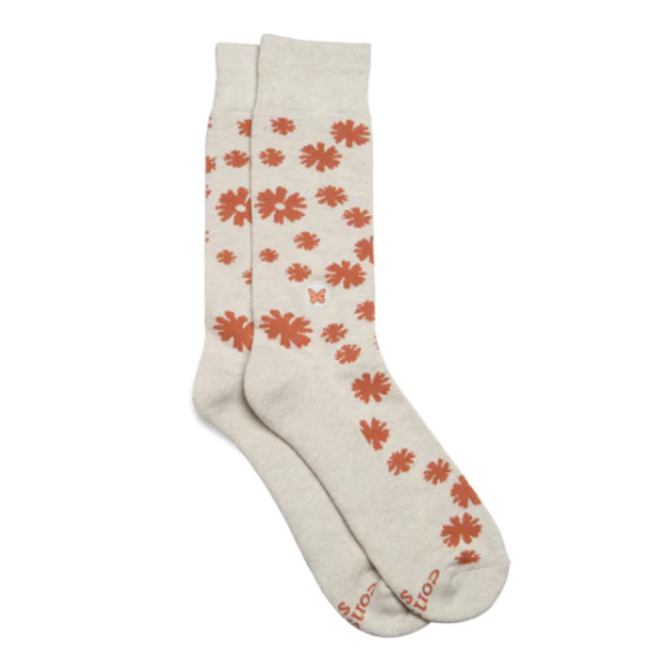 Conscious Step Crew Socks That Stop Violence Against Women - Tan w/ Flowers