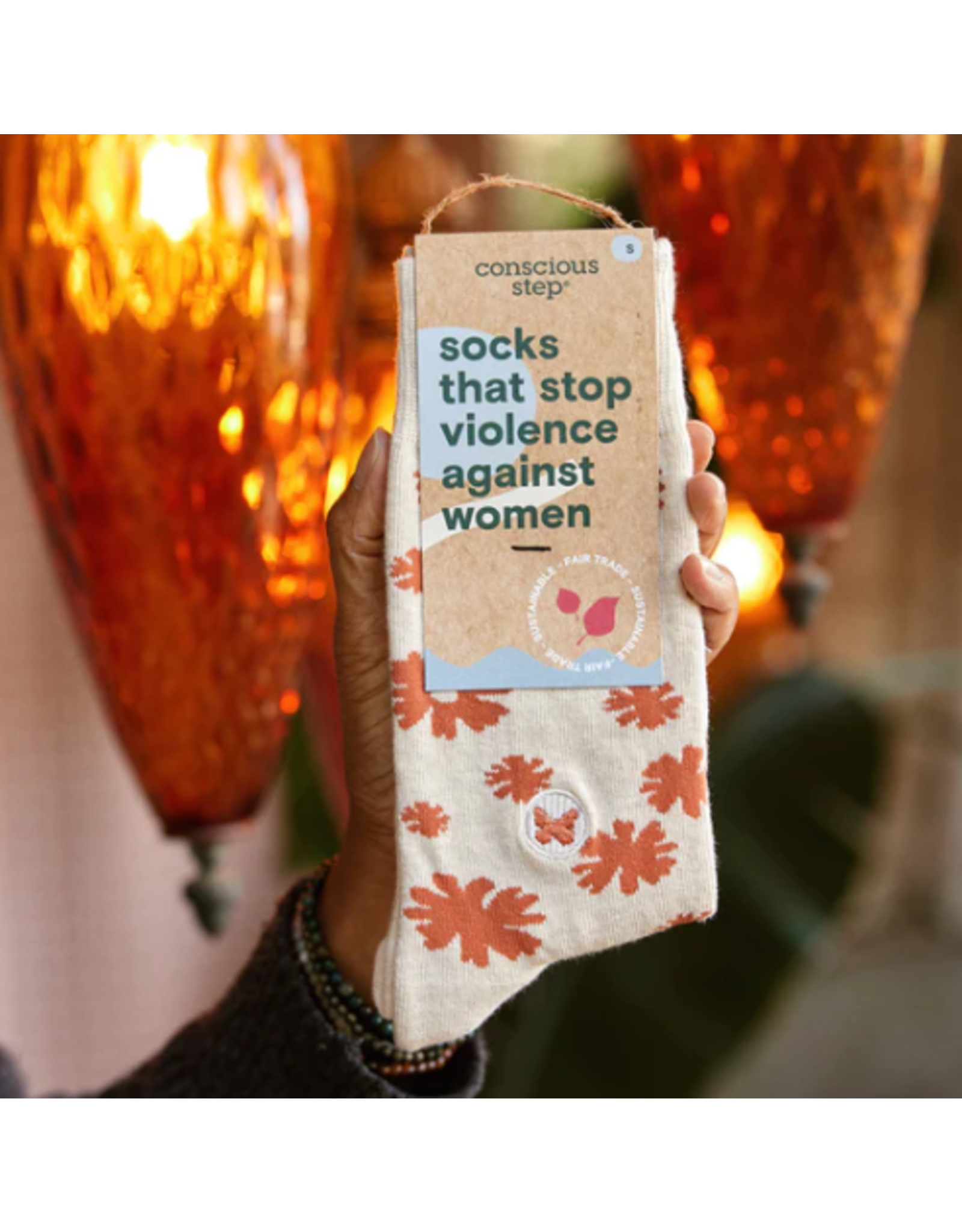 India Crew Socks That Stop Violence Against Women - Tan w/ Flowers