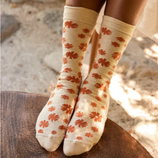 Conscious Step Crew Socks That Stop Violence Against Women - Tan w/ Flowers