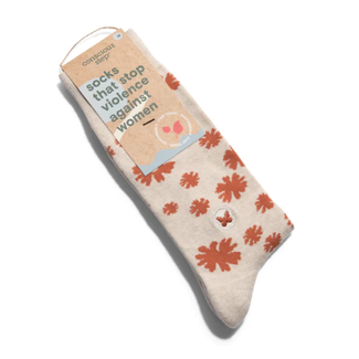India Conscious Step Crew Socks That Stop Violence Against Women - Tan w/ Flowers