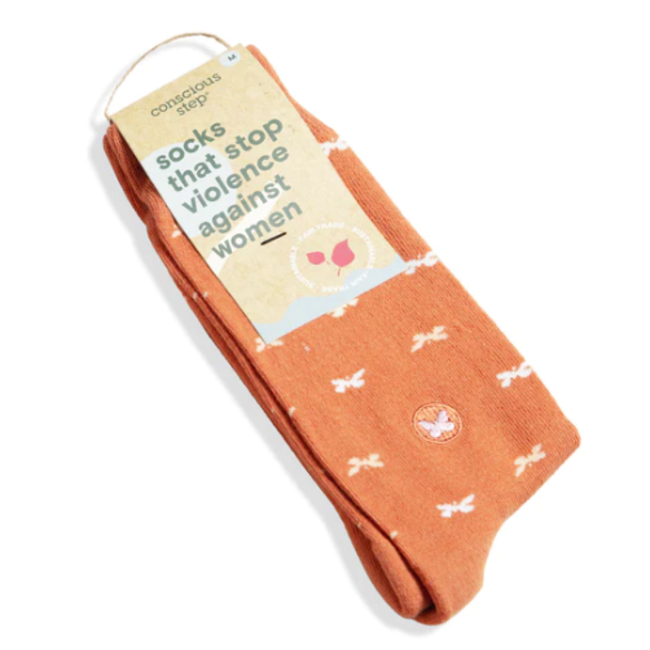 Crew Socks That Stop Violence Against Women - Orange w/ Butterflies