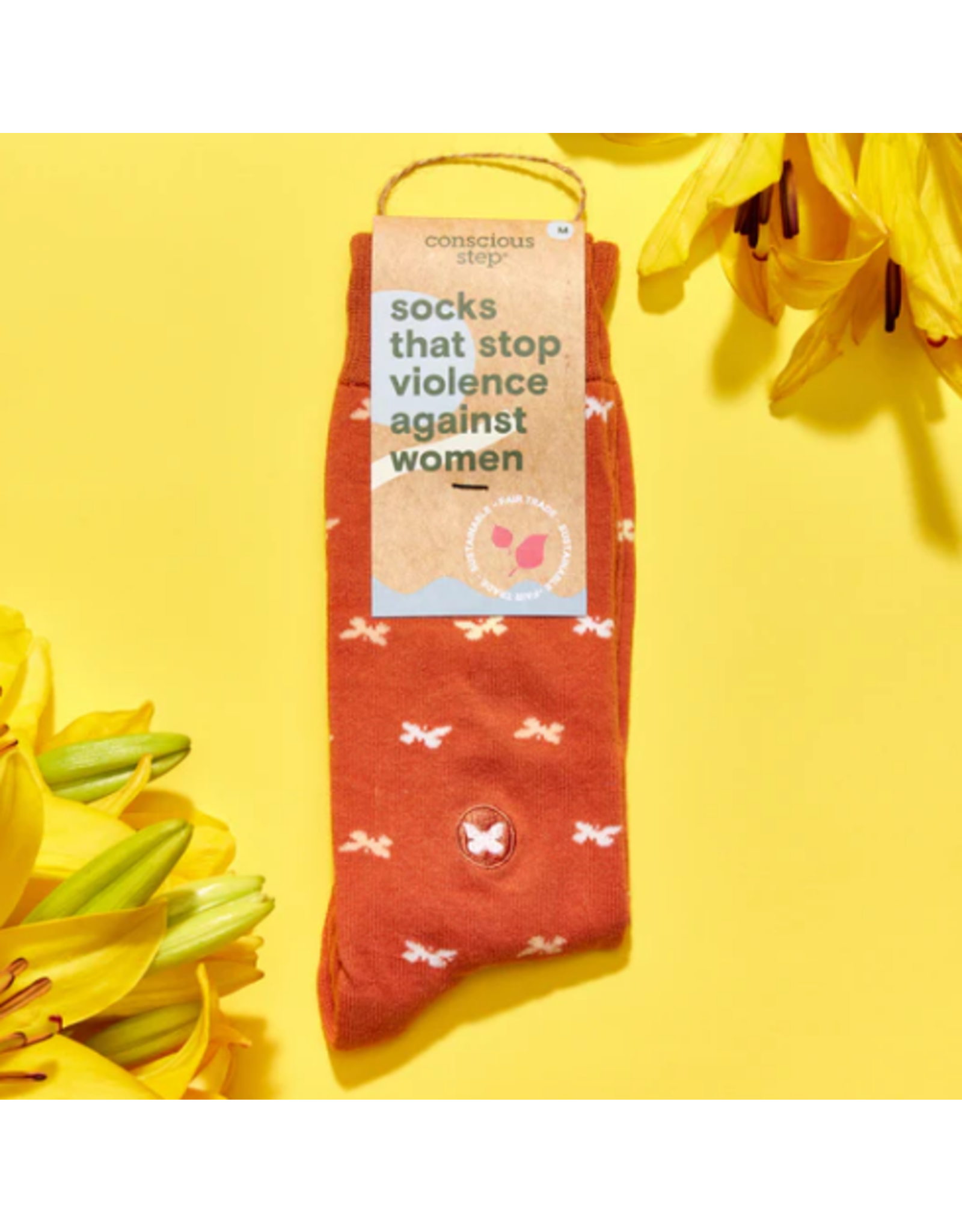 India Crew Socks That Stop Violence Against Women - Orange w/ Butterflies