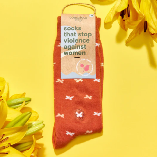 Crew Socks That Stop Violence Against Women - Orange w/ Butterflies