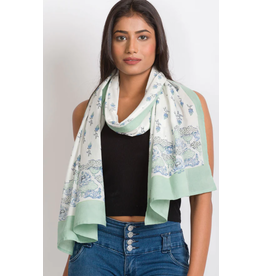 India Deva Block Print Scarf - Blue & Sage Lotus, India