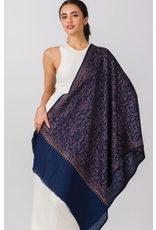 India Paisley Embroidered Wool Shawl - Navy Blue & Copper, India