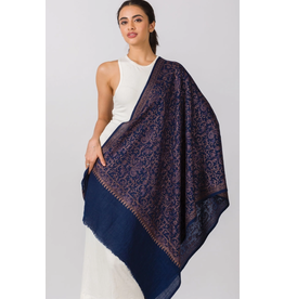 India Paisley Embroidered Wool Shawl - Navy Blue & Copper, India