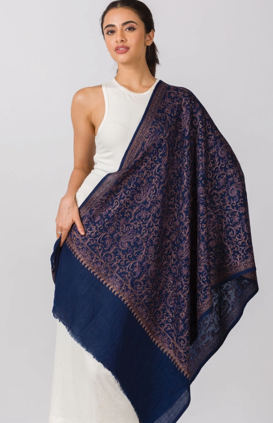 Paisley Embroidered Wool Shawl - Navy Blue & Copper, India