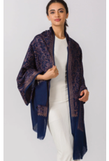 India Paisley Embroidered Wool Shawl - Navy Blue & Copper, India