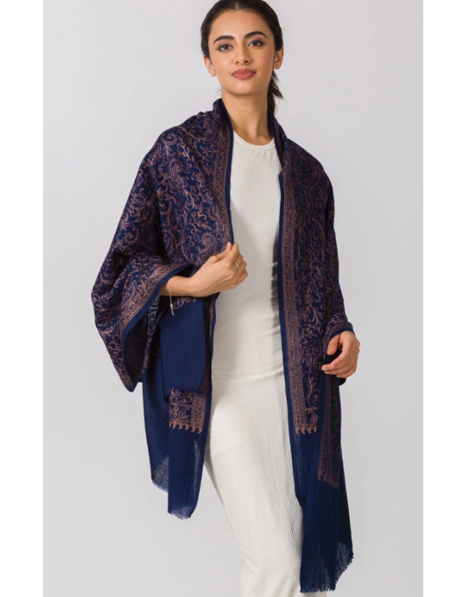 India Paisley Embroidered Wool Shawl - Navy Blue & Copper, India