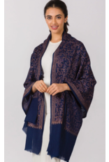 India Paisley Embroidered Wool Shawl - Navy Blue & Copper, India