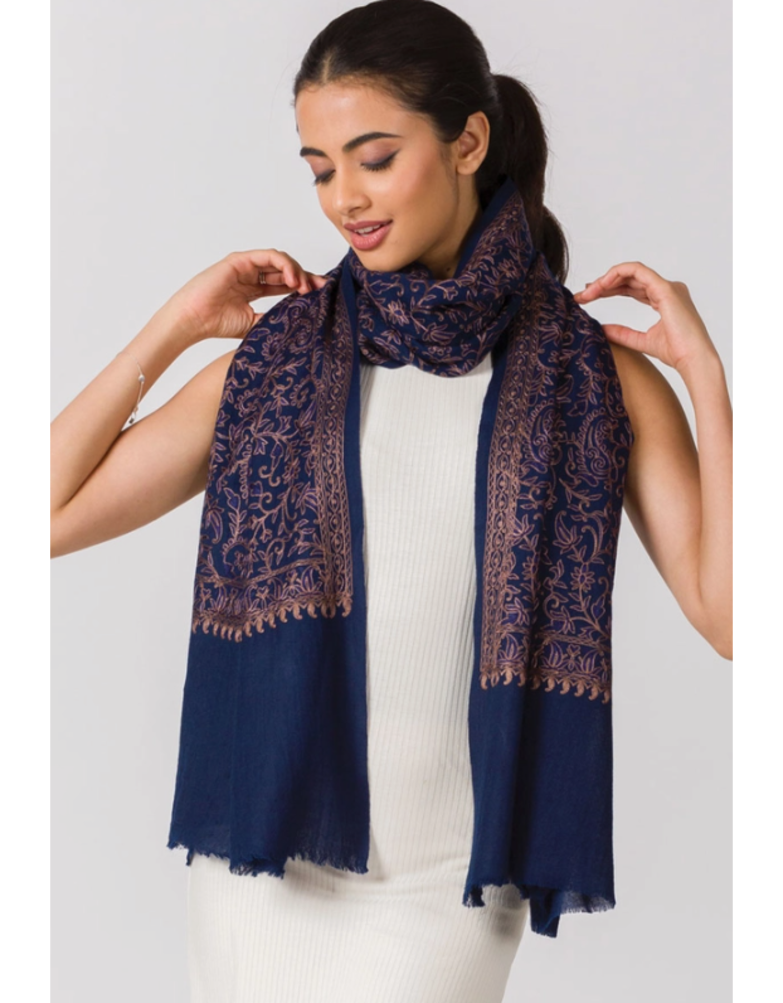 India Paisley Embroidered Wool Shawl - Navy Blue & Copper, India