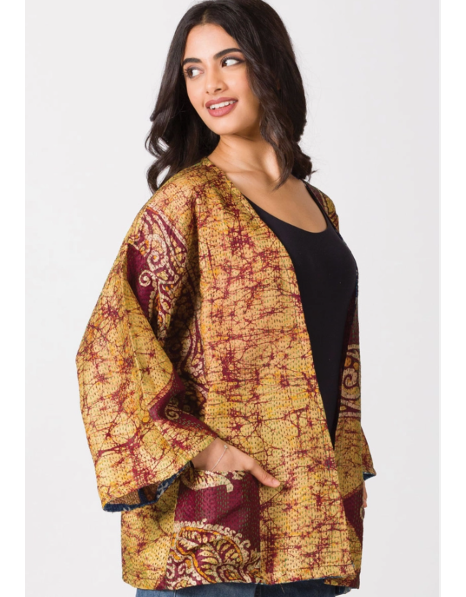 India Reversible Silk Kantha Kimono Jacket, India