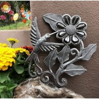 Haiti Cut Metal Steel Drum Wall Art - Hummingbird & Flower