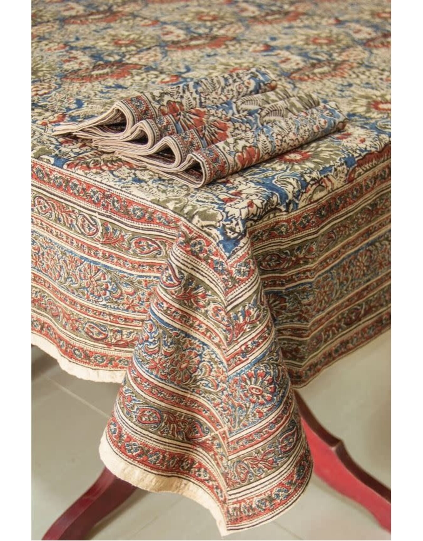 India Rose & Navy Kalamkari Tablecloth (60x90"), India