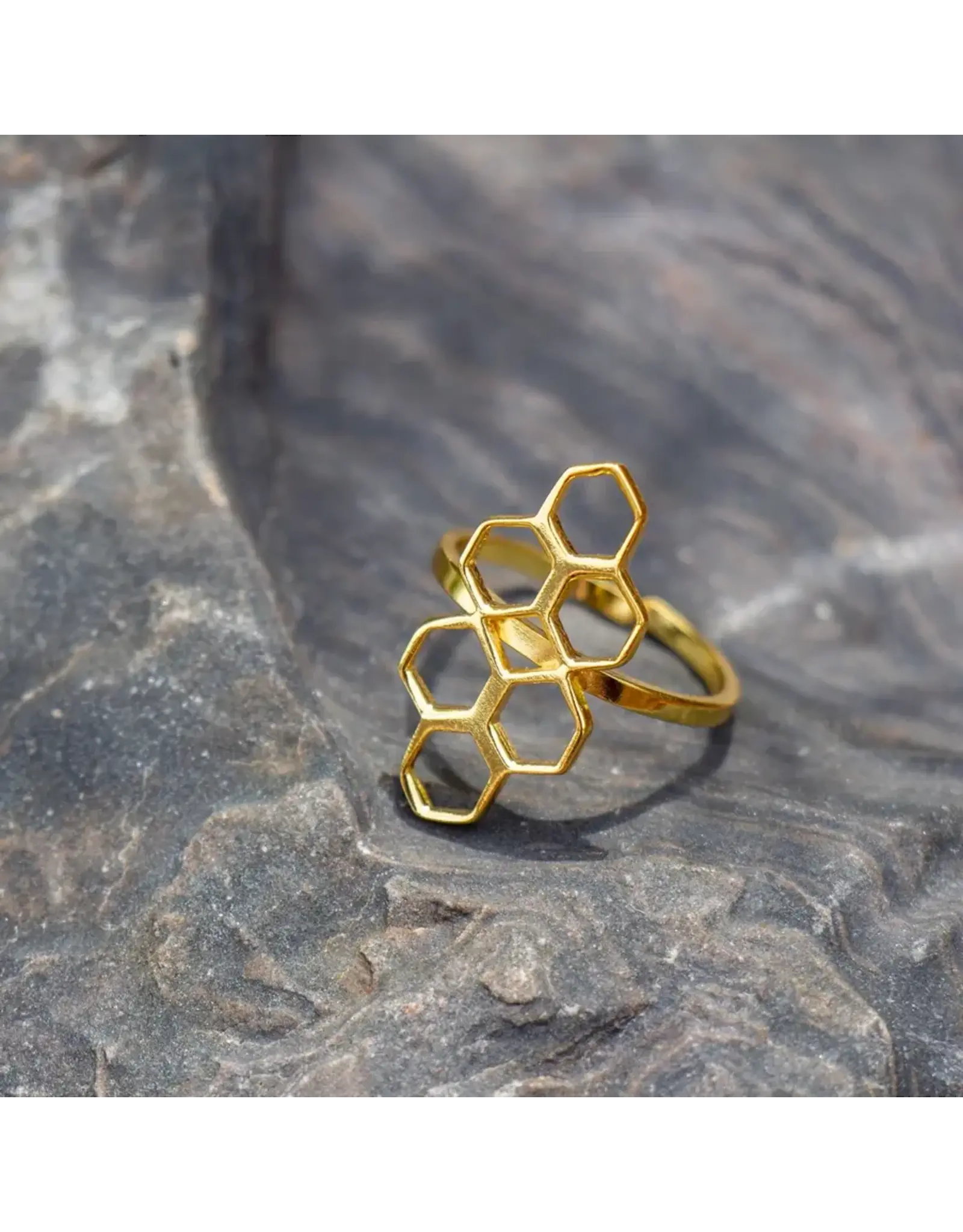 India Adjustable Brass Honeycomb Ring, Golden Hue, India