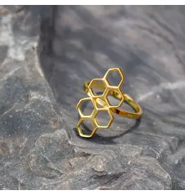 India Adjustable Brass Honeycomb Ring, Golden Hue, India