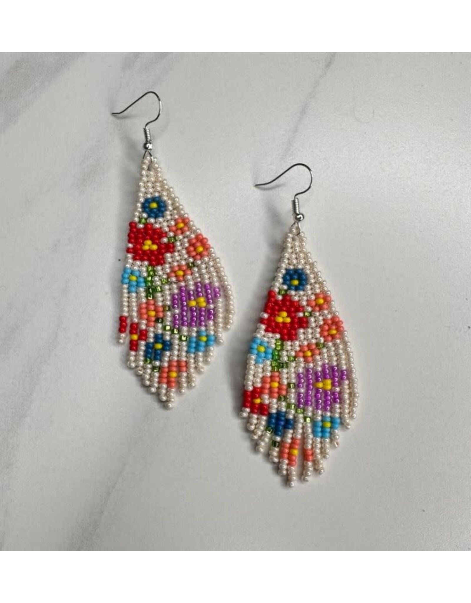 Guatemala Beaded Flower Fringe Earrings - Cream, Guatemala