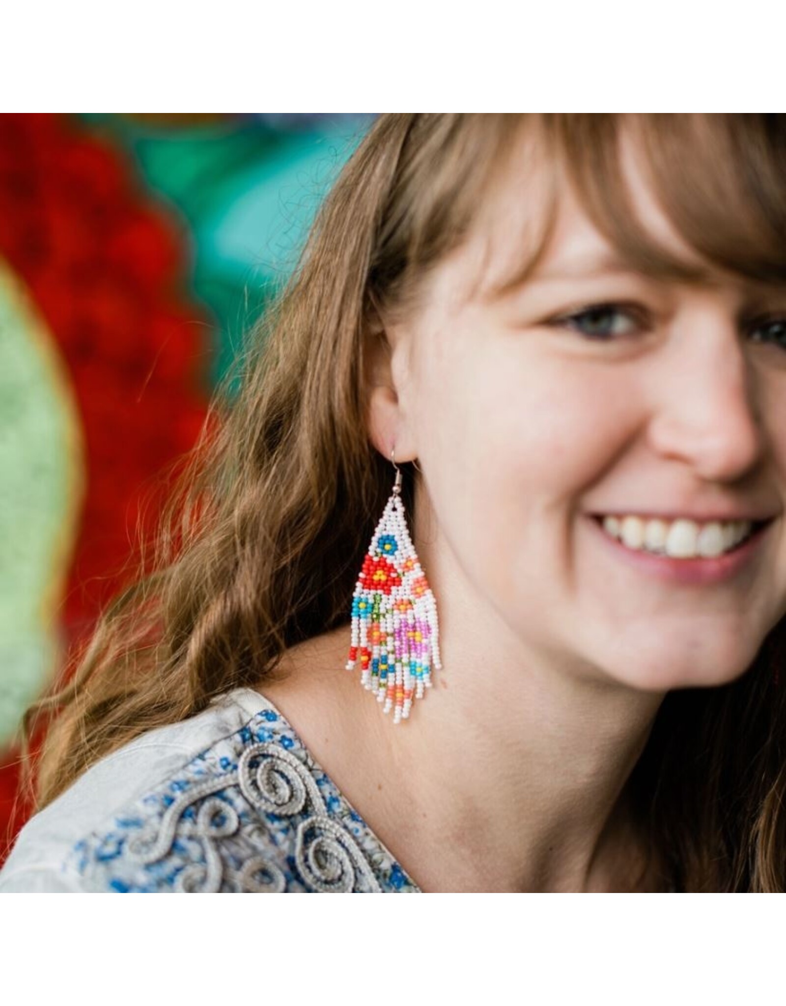 Guatemala Beaded Flower Fringe Earrings - Cream, Guatemala