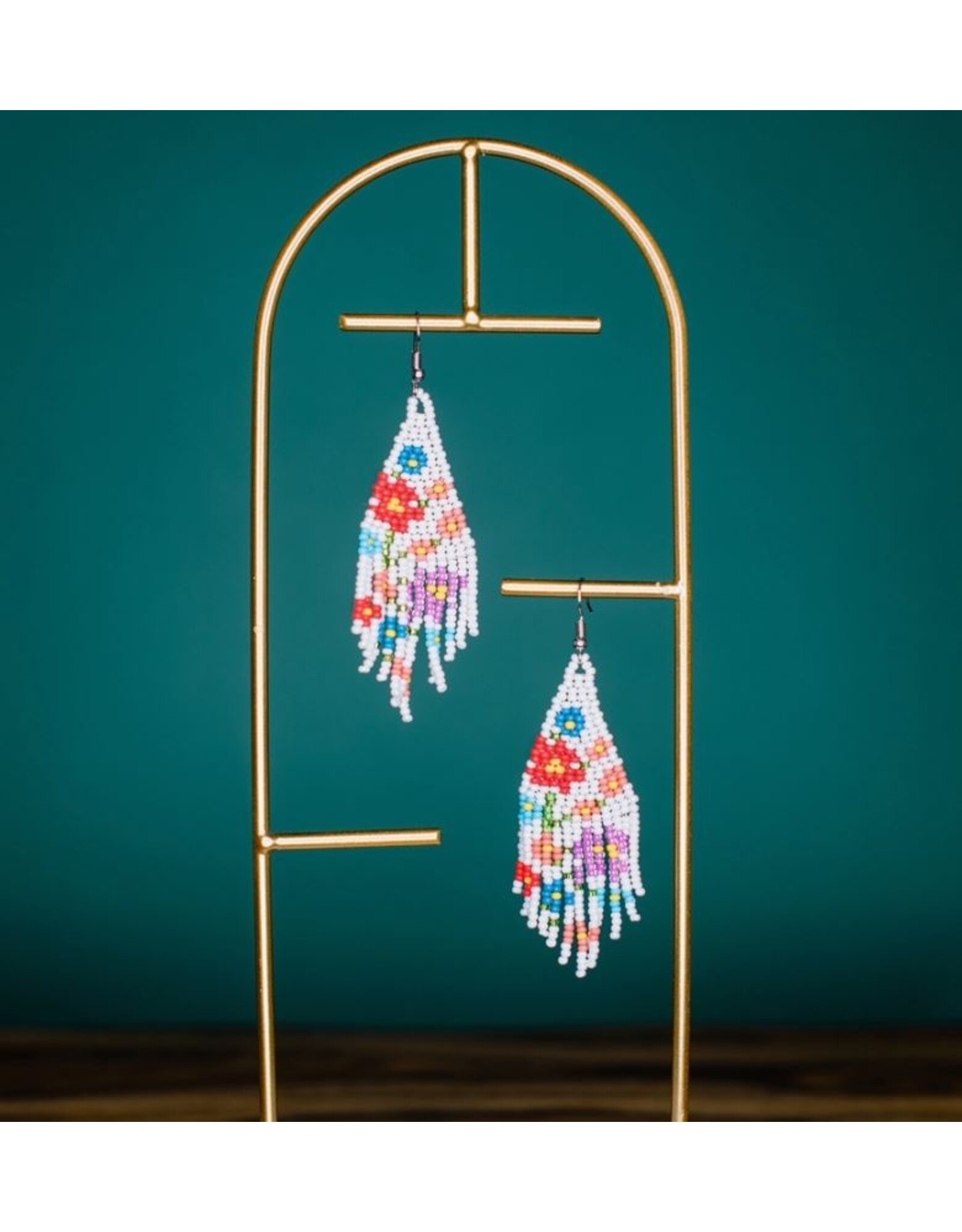 Guatemala Beaded Flower Fringe Earrings - Cream, Guatemala