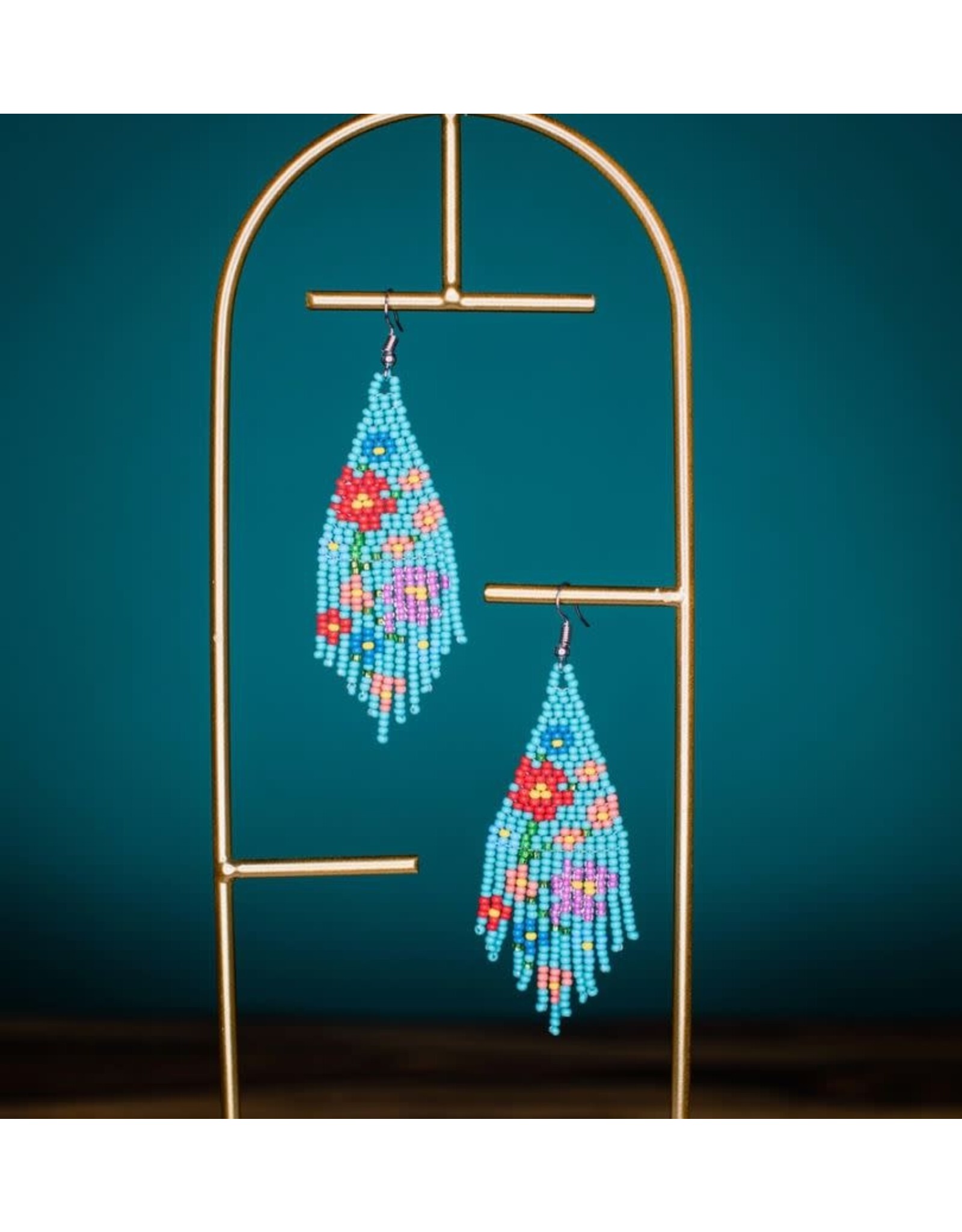 Guatemala Beaded Flower Fringe Earrings - Turquoise, Guatemala