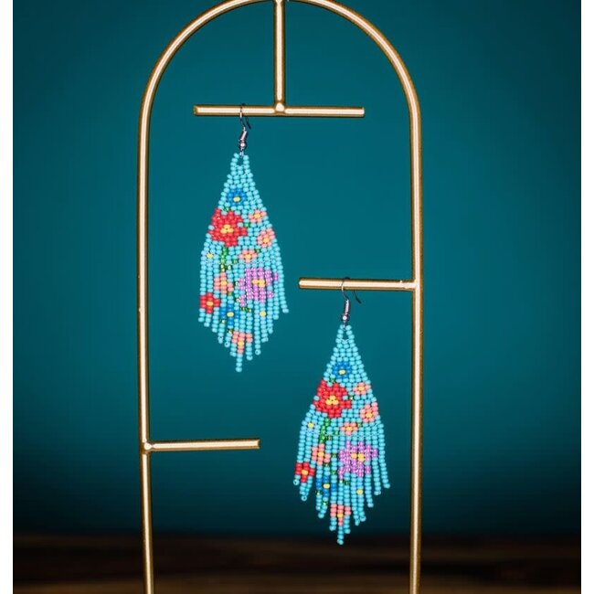 Beaded Flower Fringe Earrings - Turquoise