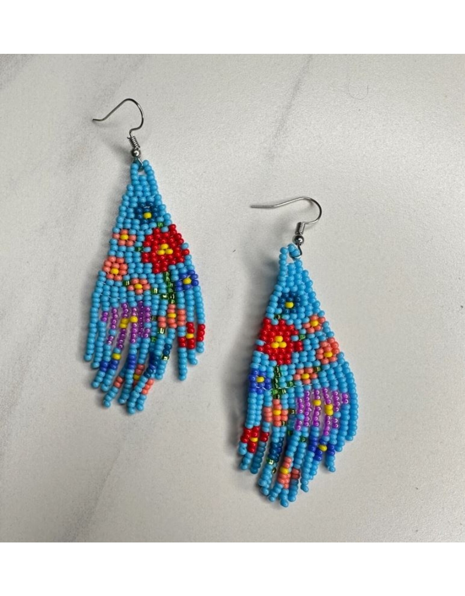 Guatemala Beaded Flower Fringe Earrings - Turquoise, Guatemala