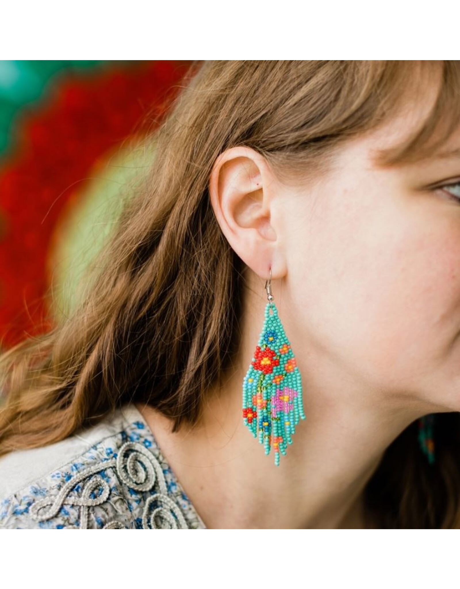 Guatemala Beaded Flower Fringe Earrings - Turquoise, Guatemala