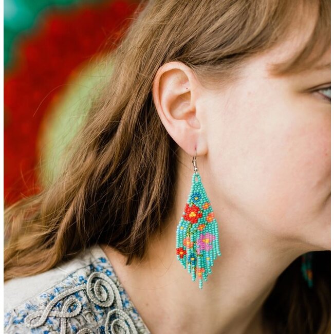 Beaded Flower Fringe Earrings - Turquoise