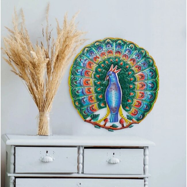 Cut Metal Steel Drum Wall Art - Vibrant Blue Peacock