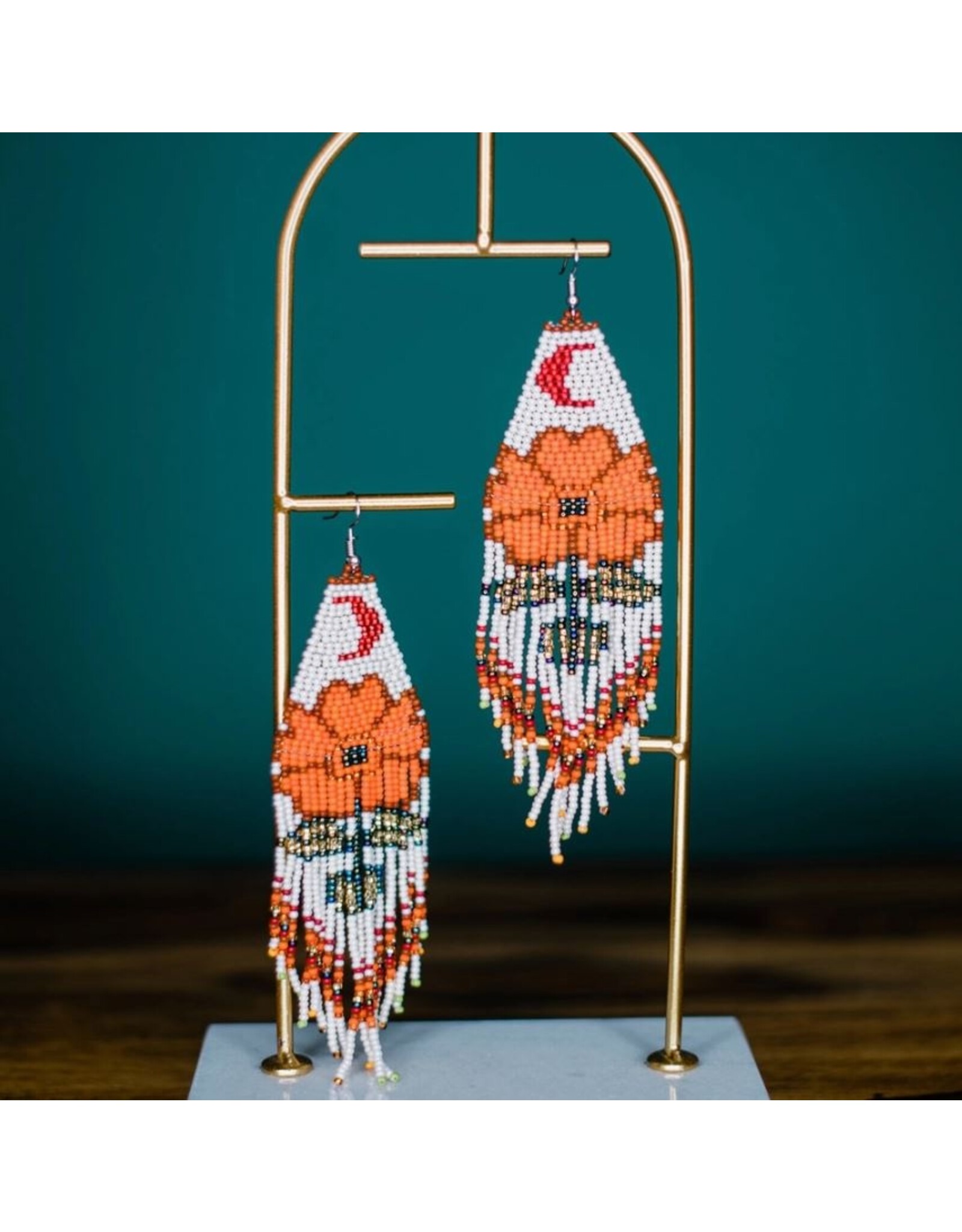 Guatemala Beaded Moonflower Earrings - Orange