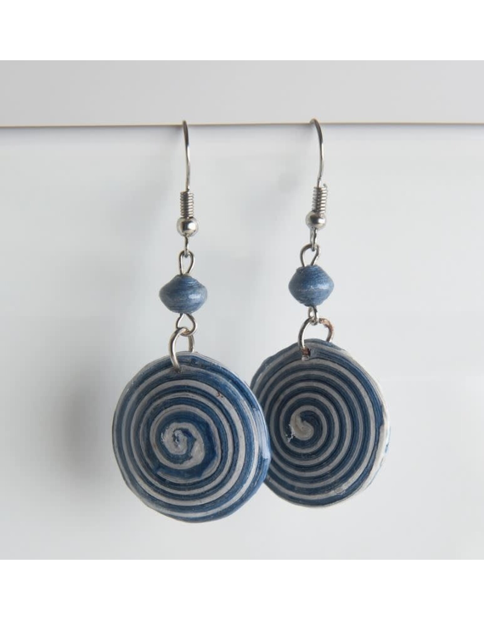 Uganda Spiral Paper Bead Earrings, Uganda Navy/White