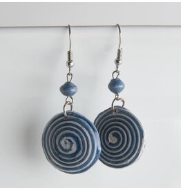 Uganda Spiral Paper Bead Earrings, Uganda Navy/White