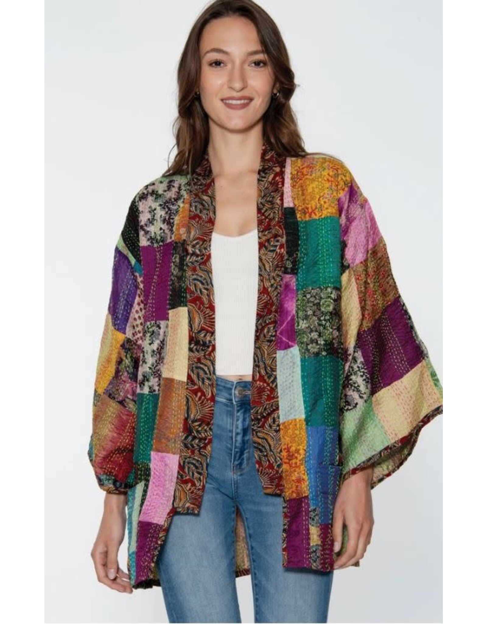 India Patchwork Style Reversible Silk Kantha Kimono Jacket, India
