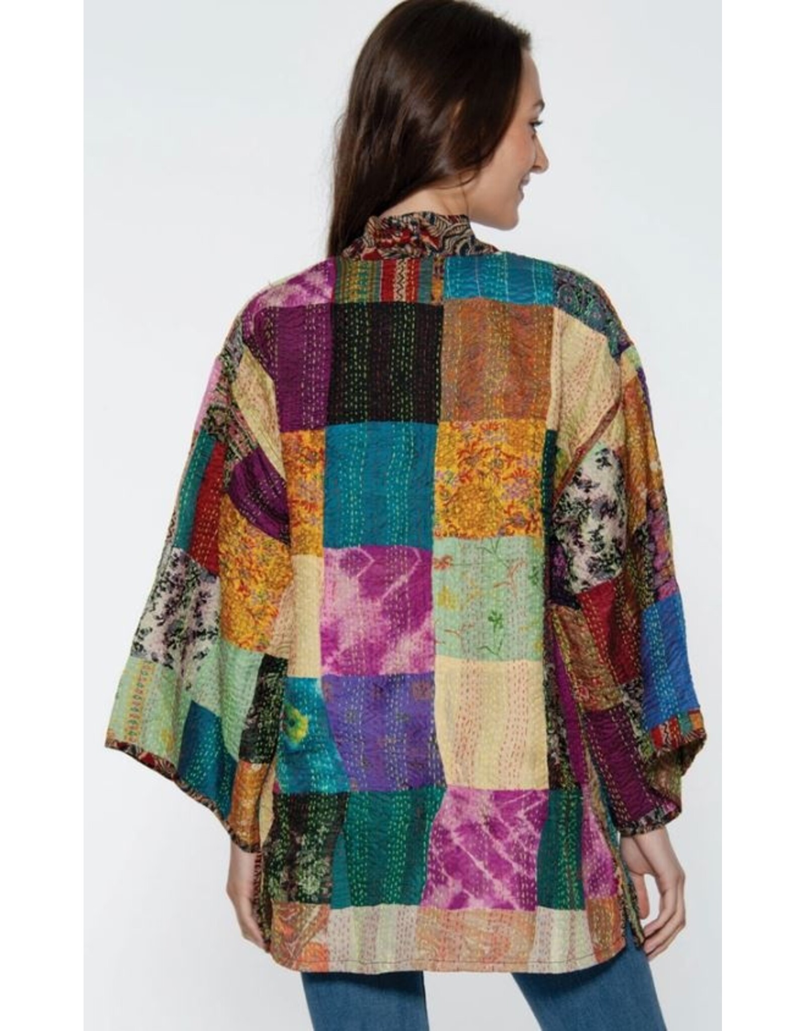India Patchwork Style Reversible Silk Kantha Kimono Jacket, India