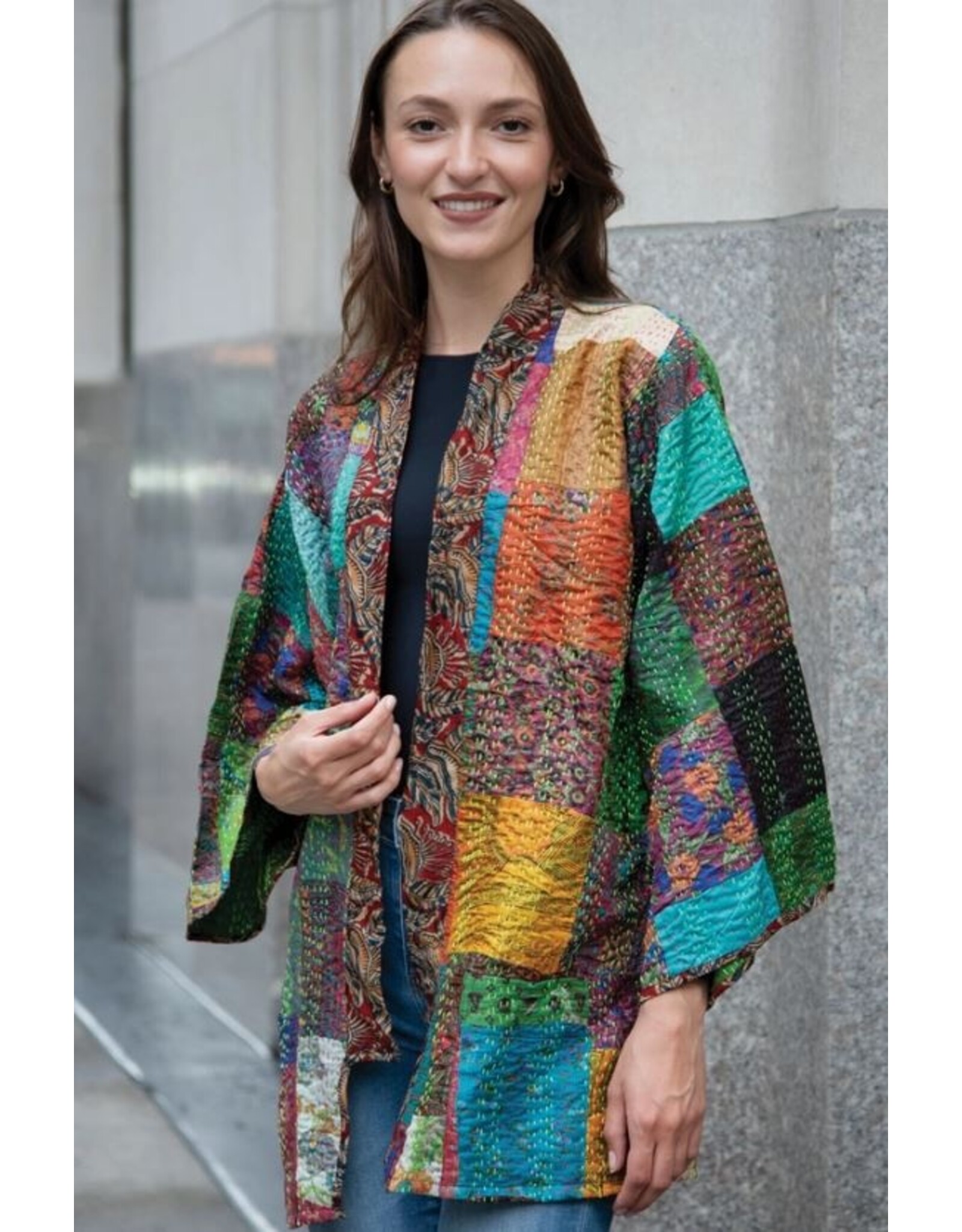 India Patchwork Style Reversible Silk Kantha Kimono Jacket, India
