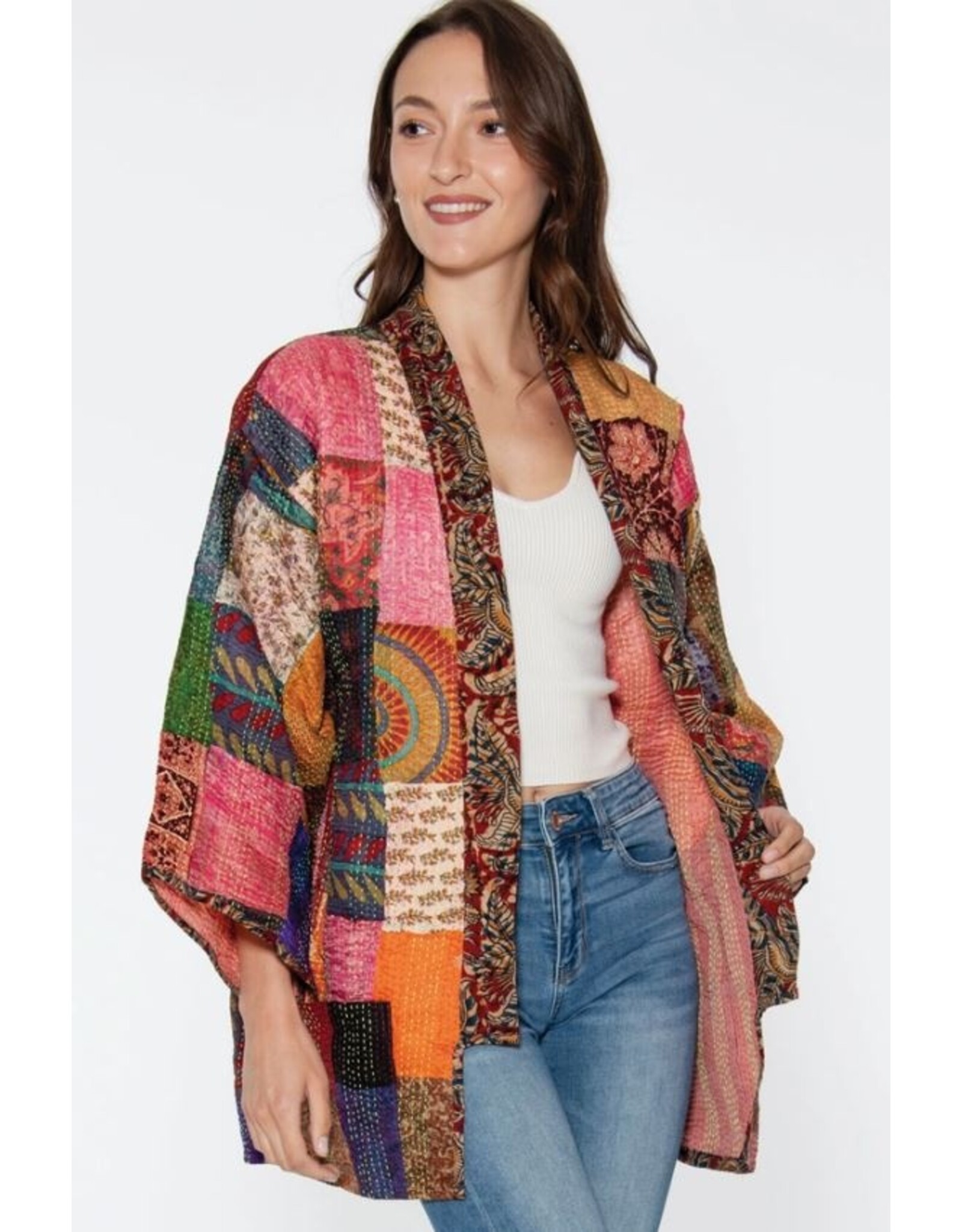 India Patchwork Style Reversible Silk Kantha Kimono Jacket, India