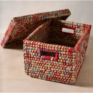 Bangladesh Lidded Sari & Kaisa Storage Basket Bangladesh Lidded Sari & Kaisa Storage Basket
