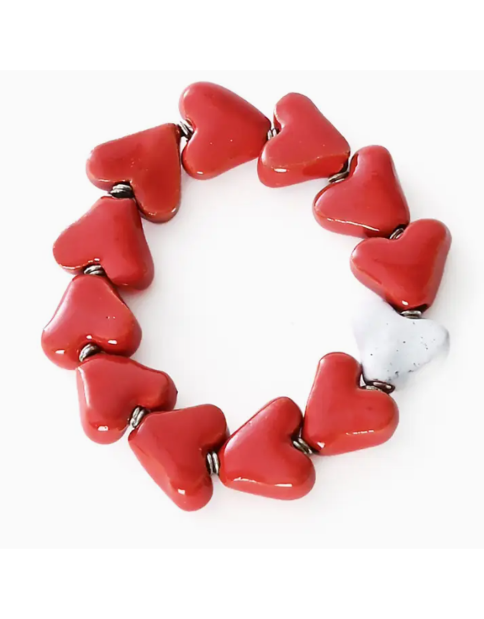 Kenya Red & White Ceramic Heart Bracelet, Kenya