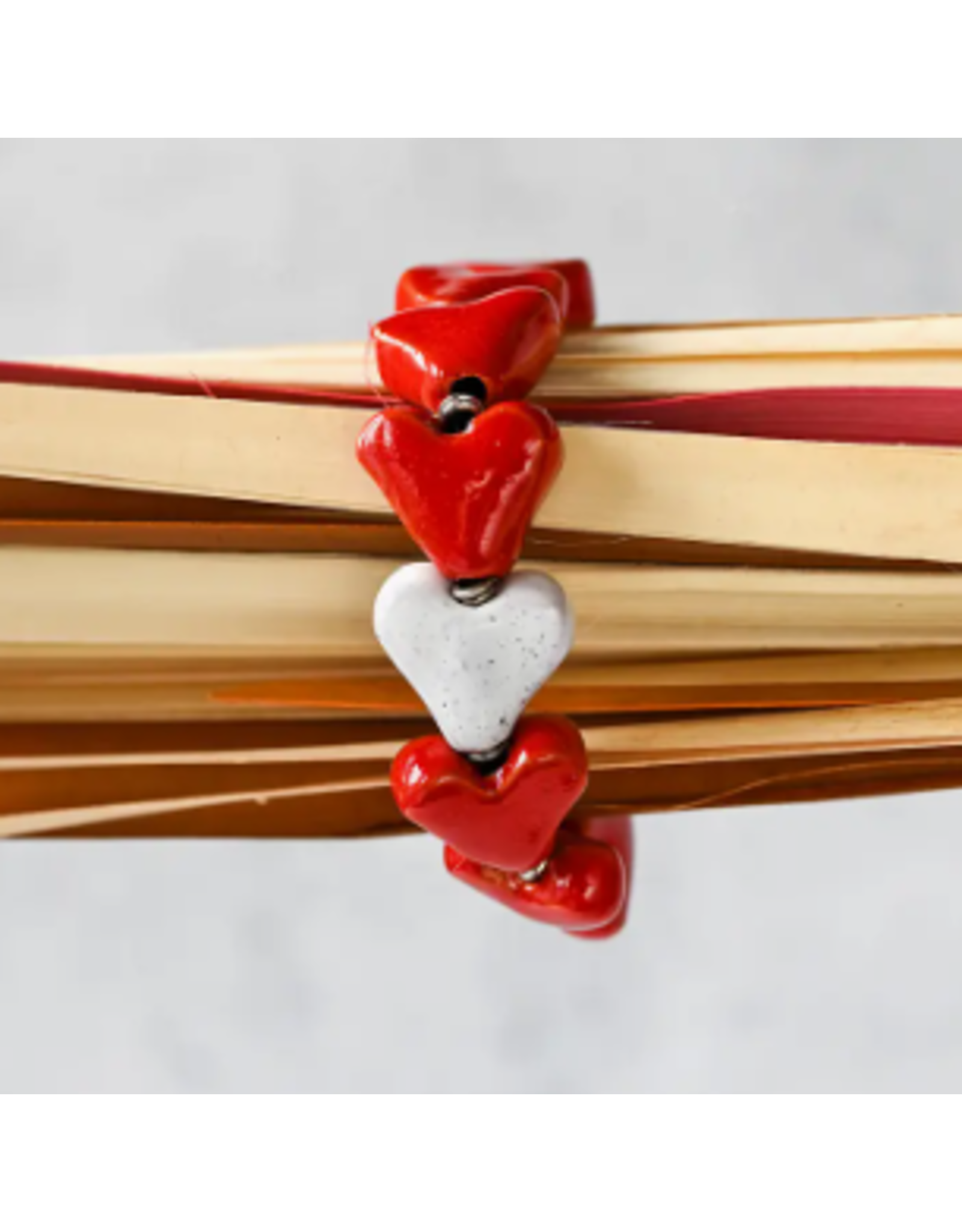 Kenya Red & White Ceramic Heart Bracelet, Kenya